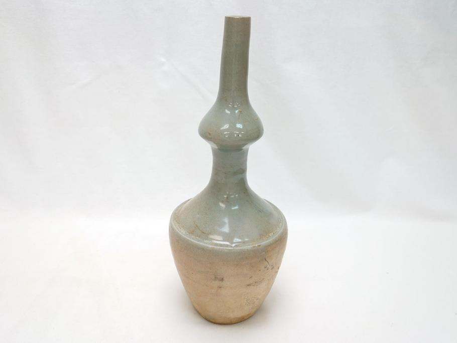 時代物　高麗青磁　一味違ったディスプレイが叶う花瓶(共箱付き、中国、李朝、花器、花生、陶磁器)(R-063286)
