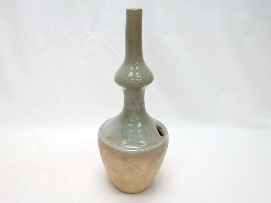 時代物　高麗青磁　一味違ったディスプレイが叶う花瓶(共箱付き、中国、李朝、花器、花生、陶磁器)(R-063286)