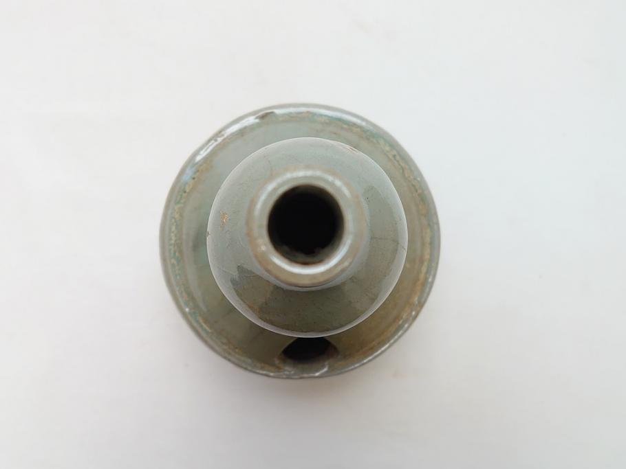 時代物　高麗青磁　一味違ったディスプレイが叶う花瓶(共箱付き、中国、李朝、花器、花生、陶磁器)(R-063286)