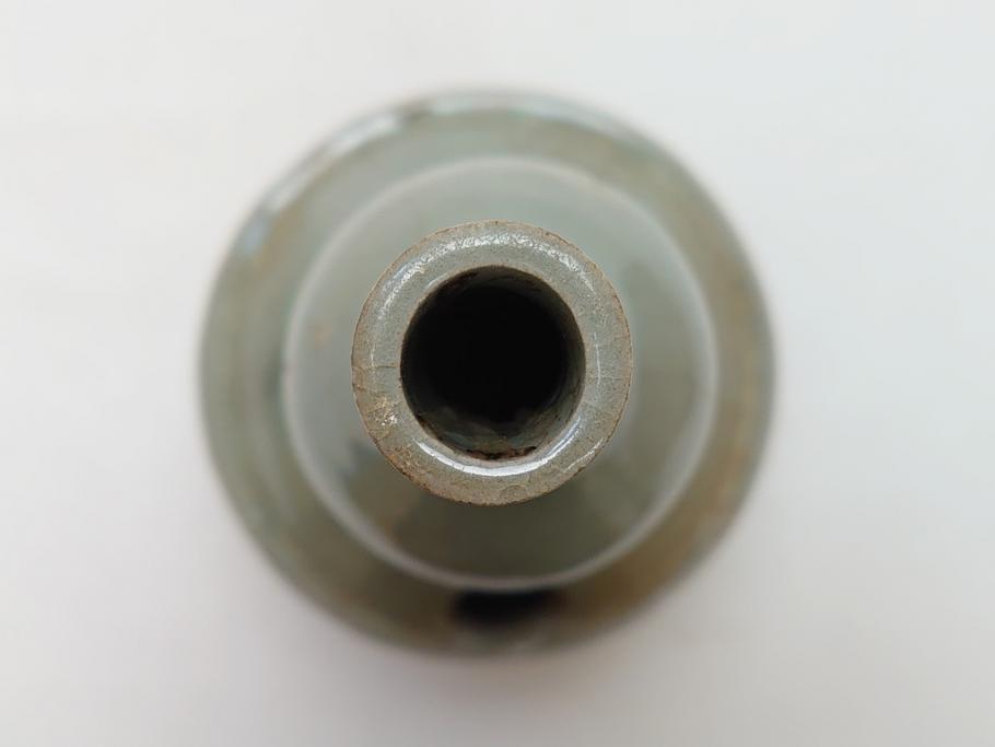 時代物　高麗青磁　一味違ったディスプレイが叶う花瓶(共箱付き、中国、李朝、花器、花生、陶磁器)(R-063286)