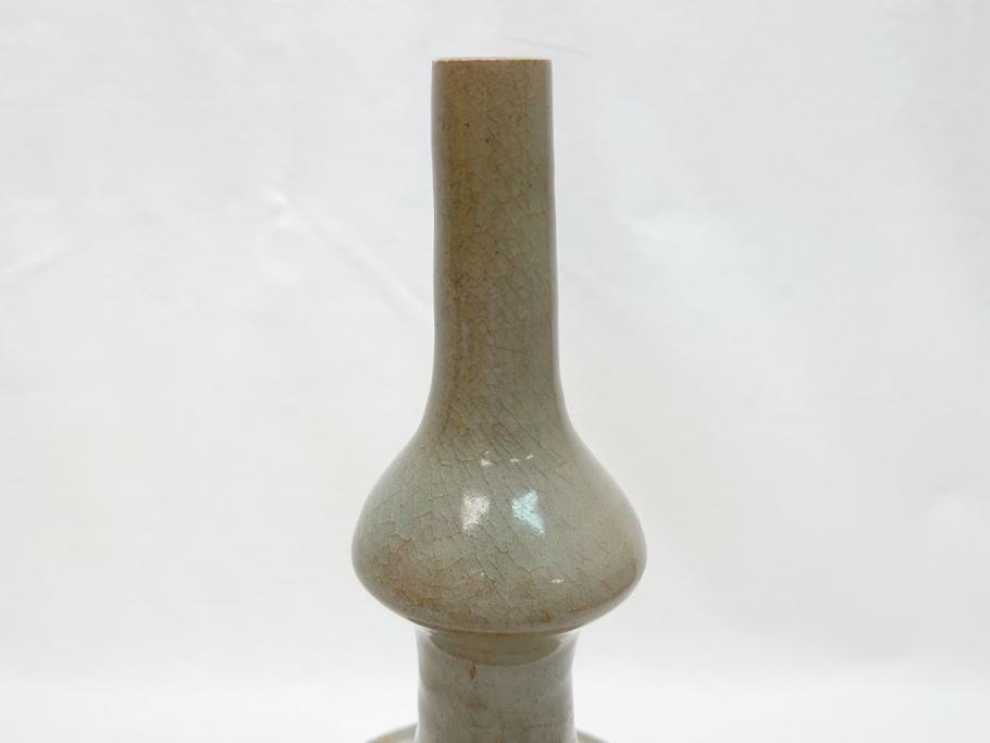 時代物　高麗青磁　一味違ったディスプレイが叶う花瓶(共箱付き、中国、李朝、花器、花生、陶磁器)(R-063286)