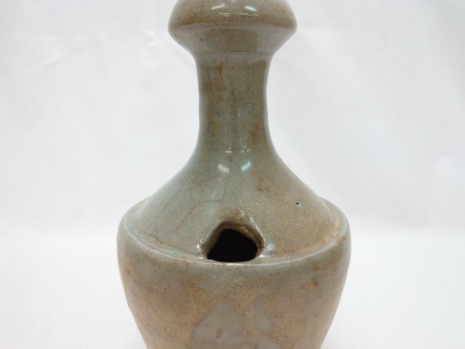 時代物　高麗青磁　一味違ったディスプレイが叶う花瓶(共箱付き、中国、李朝、花器、花生、陶磁器)(R-063286)