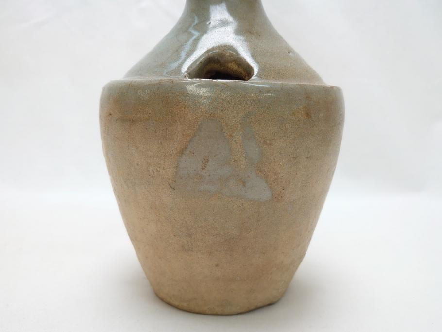 時代物　高麗青磁　一味違ったディスプレイが叶う花瓶(共箱付き、中国、李朝、花器、花生、陶磁器)(R-063286)