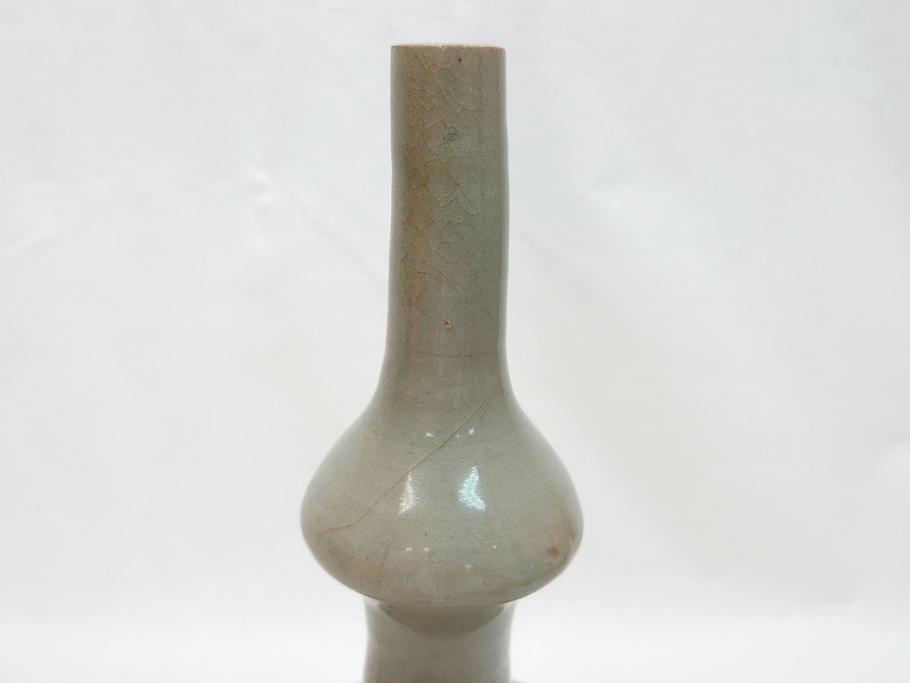 時代物　高麗青磁　一味違ったディスプレイが叶う花瓶(共箱付き、中国、李朝、花器、花生、陶磁器)(R-063286)