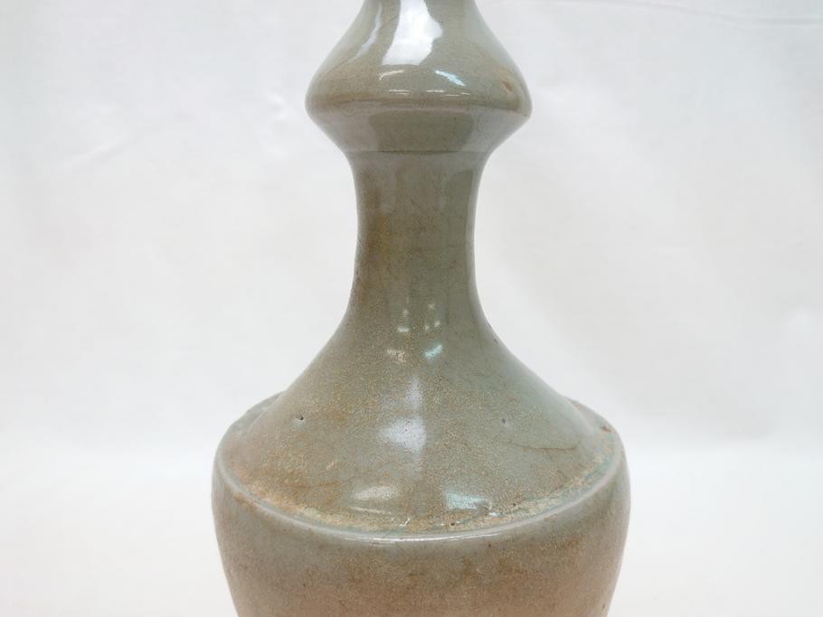 時代物　麗青磁　一味違ったディスプレイが叶う花瓶(共箱付き、中国、李朝、花器、花生、陶磁器)(R-063286)