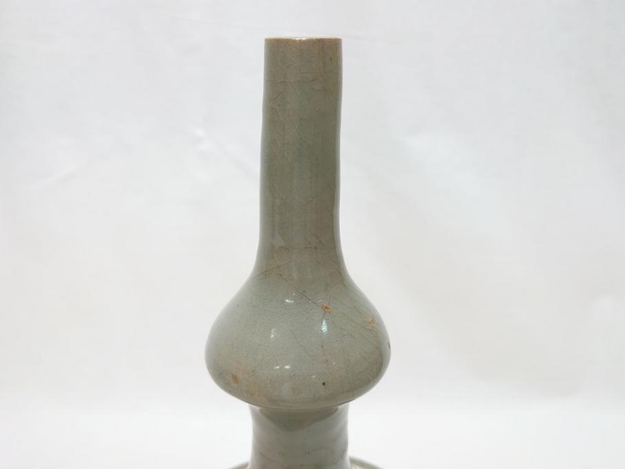 時代物　高麗青磁　一味違ったディスプレイが叶う花瓶(共箱付き、中国、李朝、花器、花生、陶磁器)(R-063286)