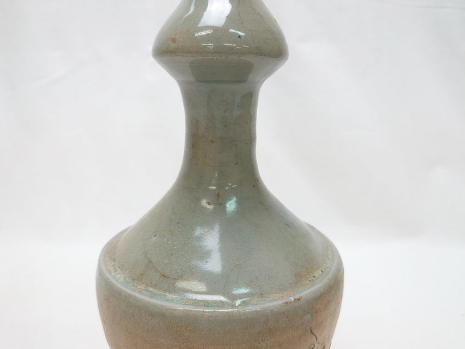 時代物　高麗青磁　一味違ったディスプレイが叶う花瓶(共箱付き、中国、李朝、花器、花生、陶磁器)(R-063286)