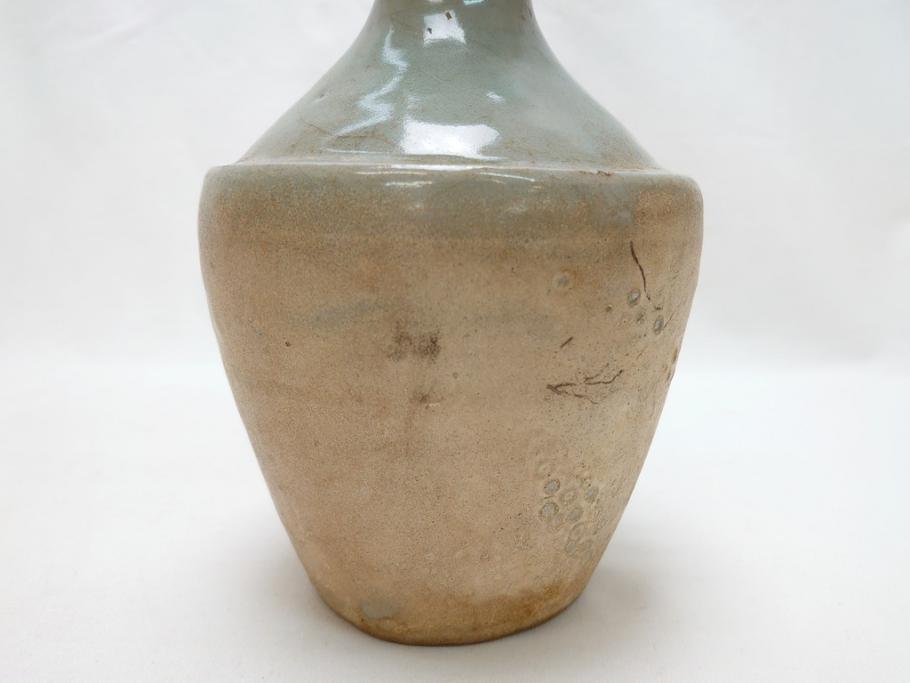 時代物　麗青磁　一味違ったディスプレイが叶う花瓶(共箱付き、中国、李朝、花器、花生、陶磁器)(R-063286)