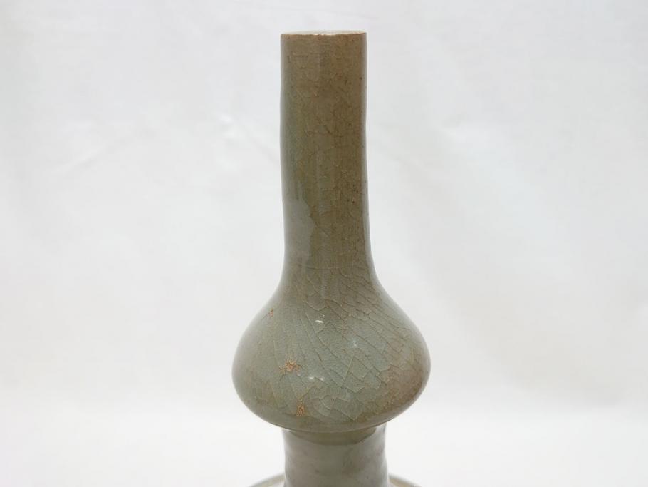 時代物　高麗青磁　一味違ったディスプレイが叶う花瓶(共箱付き、中国、李朝、花器、花生、陶磁器)(R-063286)