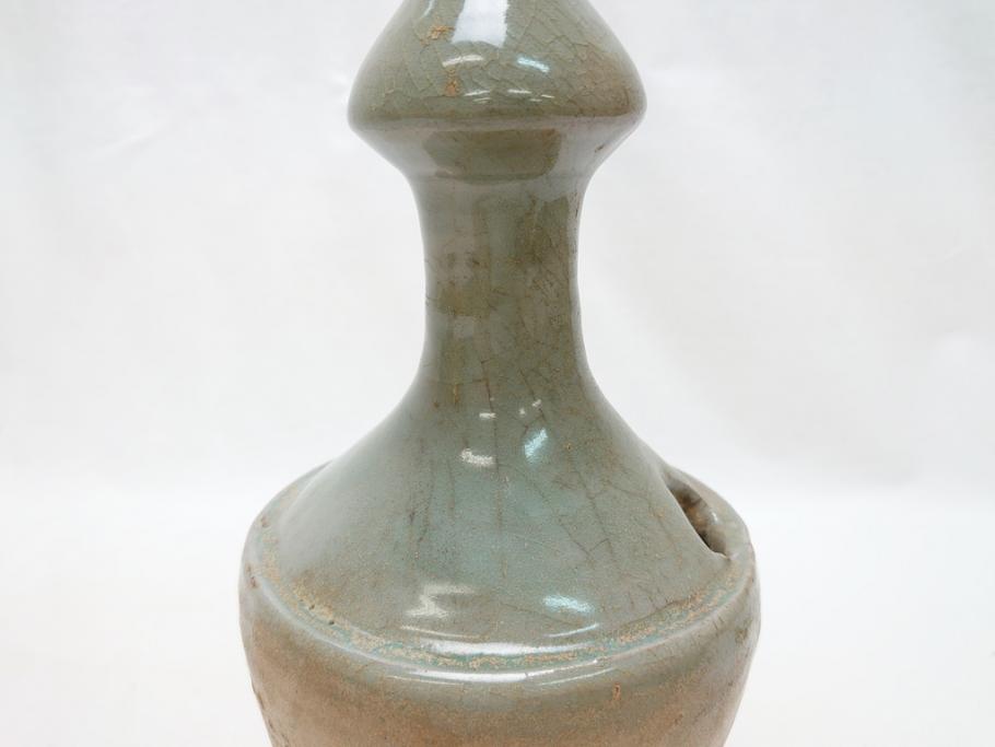 時代物　高麗青磁　一味違ったディスプレイが叶う花瓶(共箱付き、中国、李朝、花器、花生、陶磁器)(R-063286)