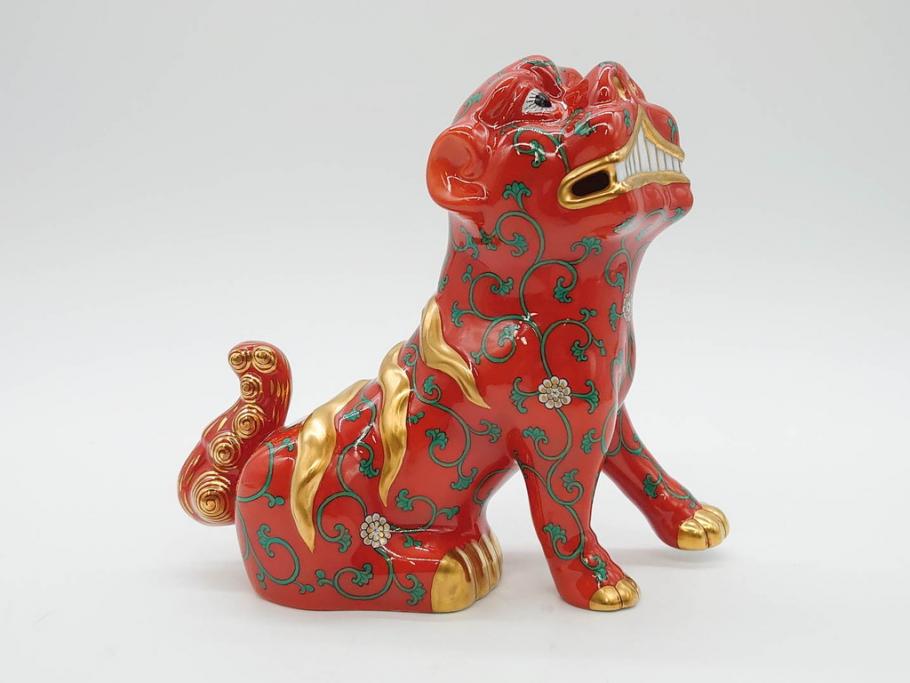 ヘレンド　ハンガリー　HEREND HVNGARY　シノワズリシリーズ　狛犬ペア　西安の黒・赤　右足・左足上げ　2点セット(こまいぬ、手描き、磁器、置物、飾り物、獅子、しし、シシ、HUNGARY)(R-075787)