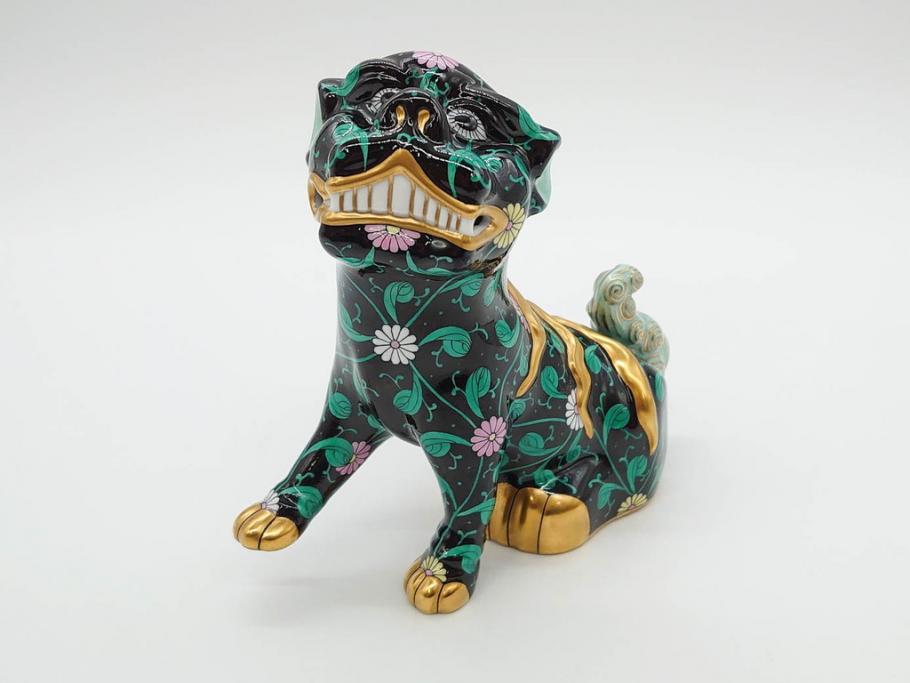 ヘレンド　ハンガリー　HEREND HVNGARY　シノワズリシリーズ　狛犬ペア　西安の黒・赤　右足・左足上げ　2点セット(こまいぬ、手描き、磁器、置物、飾り物、獅子、しし、シシ、HUNGARY)(R-075787)