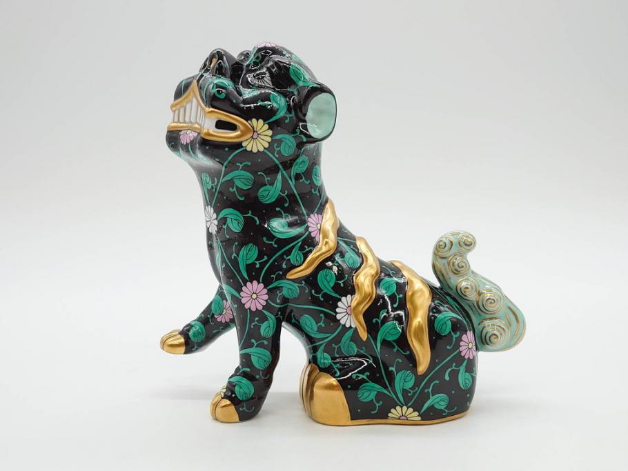 ヘレンド　ハンガリー　HEREND HVNGARY　シノワズリシリーズ　狛犬ペア　西安の黒・赤　右足・左足上げ　2点セット(こまいぬ、手描き、磁器、置物、飾り物、獅子、しし、シシ、HUNGARY)(R-075787)