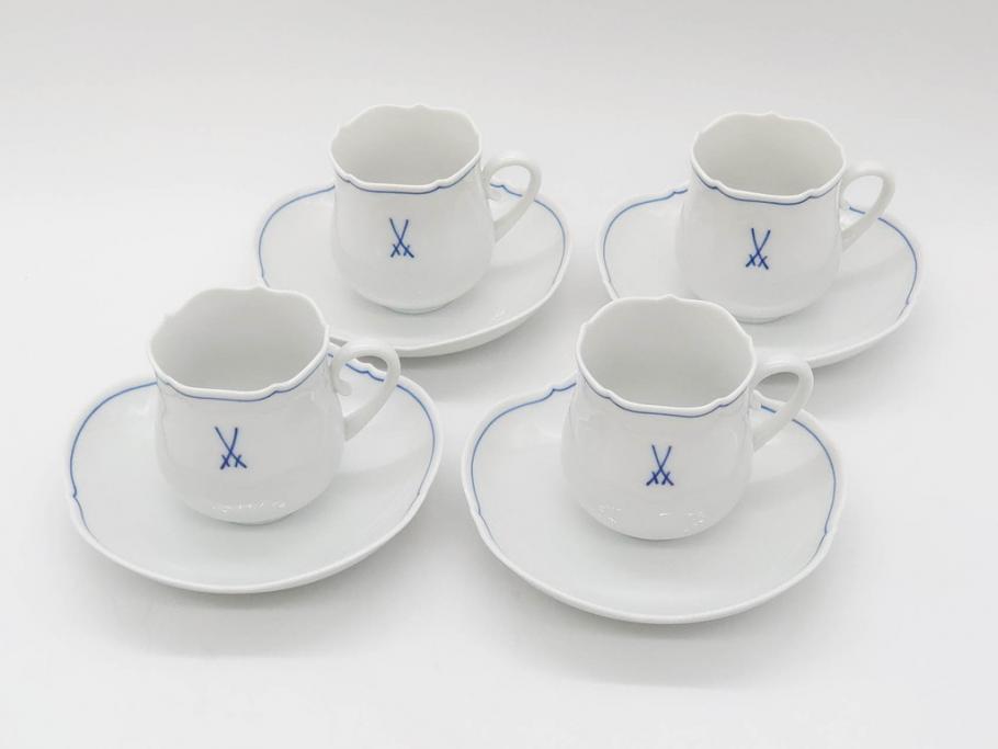 ドイツ　マイセン　Meissen　双剣　ホワイトマイセン　洗練されたデザインが美しいカップ&ソーサー4客・プレート4枚セット(C&S、皿、洋食器)(R-075789)