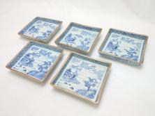 江戸期　伊万里　染付　線描　花唐草　松竹梅文　約10cm　3.2寸　一筆一筆丁寧な職人の絵付けが見事な小皿5枚セット(和皿、和食器、三寸二分)(R-073123)
