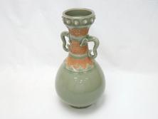 江戸〜明治　三田焼　青磁　双耳　高さ30.5cm　花瓶(花器、花入、壺、壷)(R-063314)