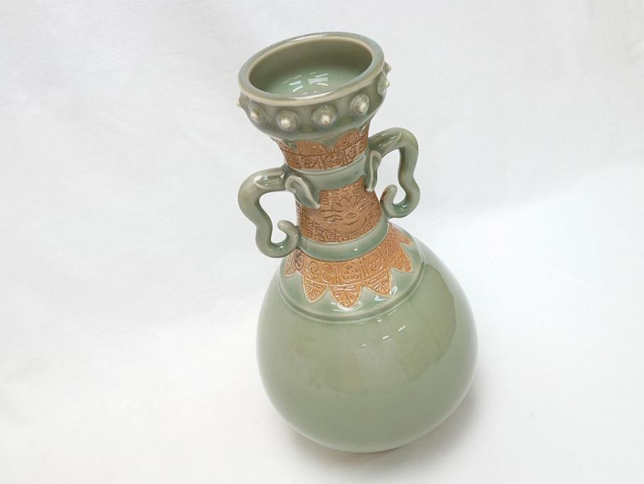江戸〜明治 三田焼 青磁 双耳 高さ30.5cm 花瓶(花器、花入、壺