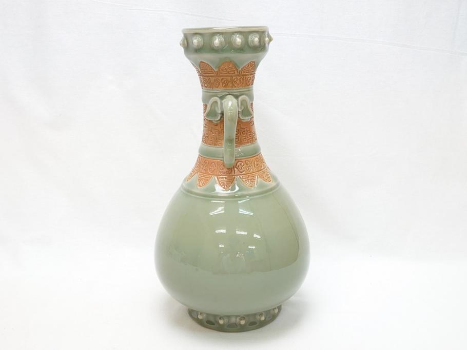 公式通販 - 人気アイテム多数 青磁 三田焼 江戸〜明治 双耳 花瓶(花器、花入、壺 高さ30.5cm 花瓶・フラワースタンド