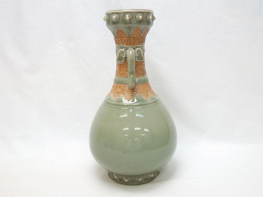 江戸〜明治　三田焼　青磁　双耳　高さ30.5cm　花瓶(花器、花入、壺、壷)(R-063314)