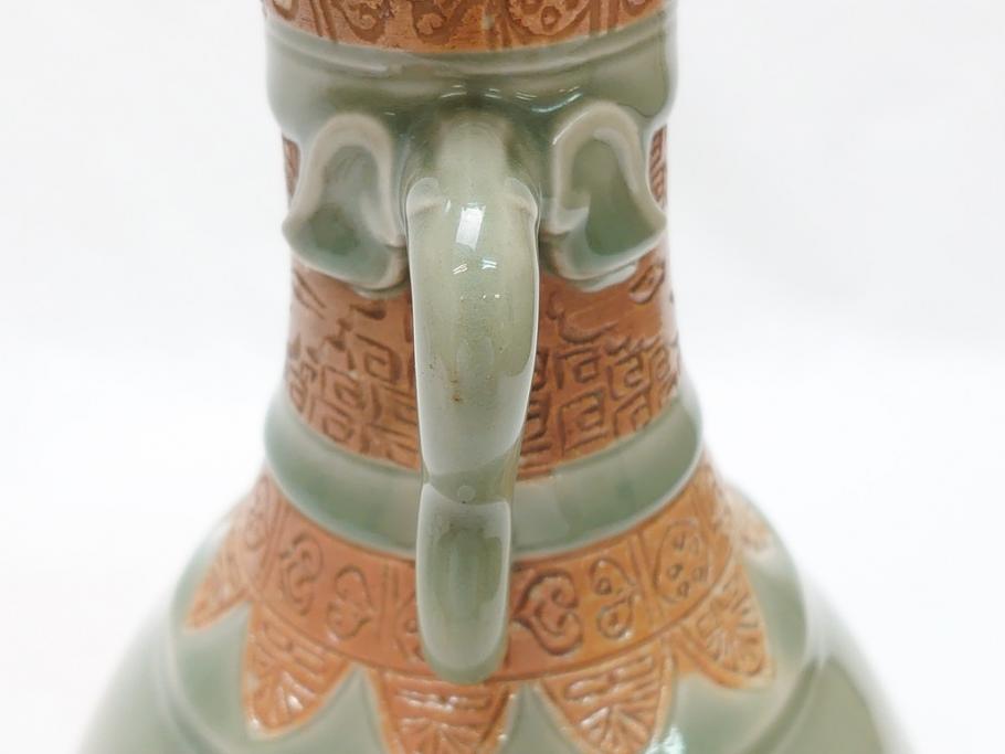 江戸〜明治　三田焼　青磁　双耳　高さ30.5cm　花瓶(花器、花入、壺、壷)(R-063314)