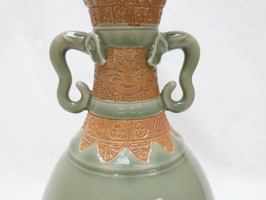 江戸〜明治　三田焼　青磁　双耳　高さ30.5cm　花瓶(花器、花入、壺、壷)(R-063314)