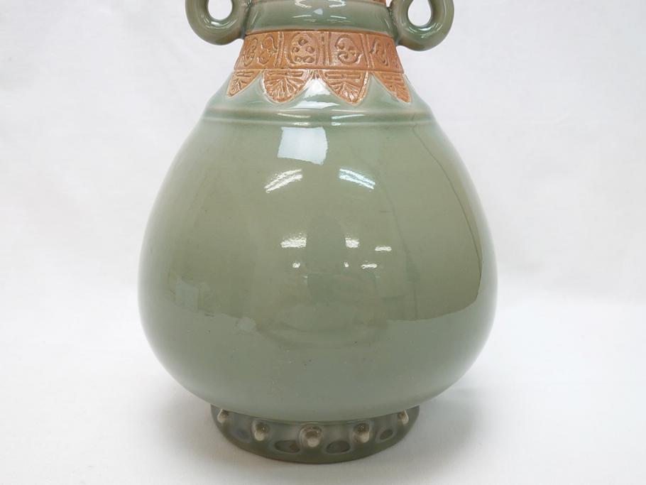 江戸〜明治　三田焼　青磁　双耳　高さ30.5cm　花瓶(花器、花入、壺、壷)(R-063314)
