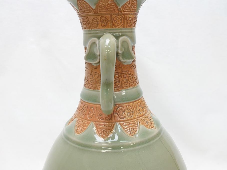江戸〜明治 三田焼 青磁 双耳 高さ30.5cm 花瓶(花器、花入、壺