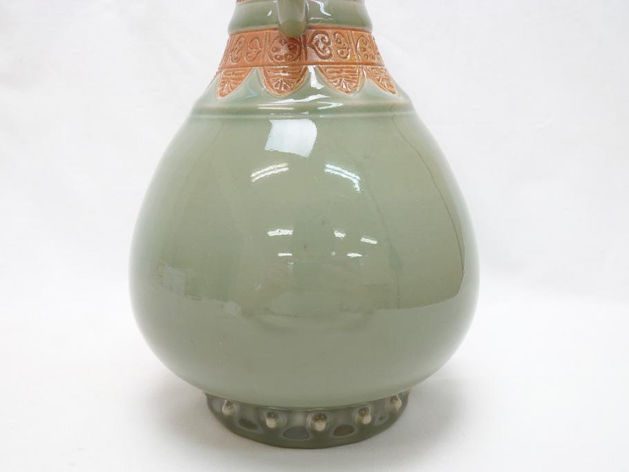 江戸〜明治　三田焼　青磁　双耳　高さ30.5cm　花瓶(花器、花入、壺、壷)(R-063314)