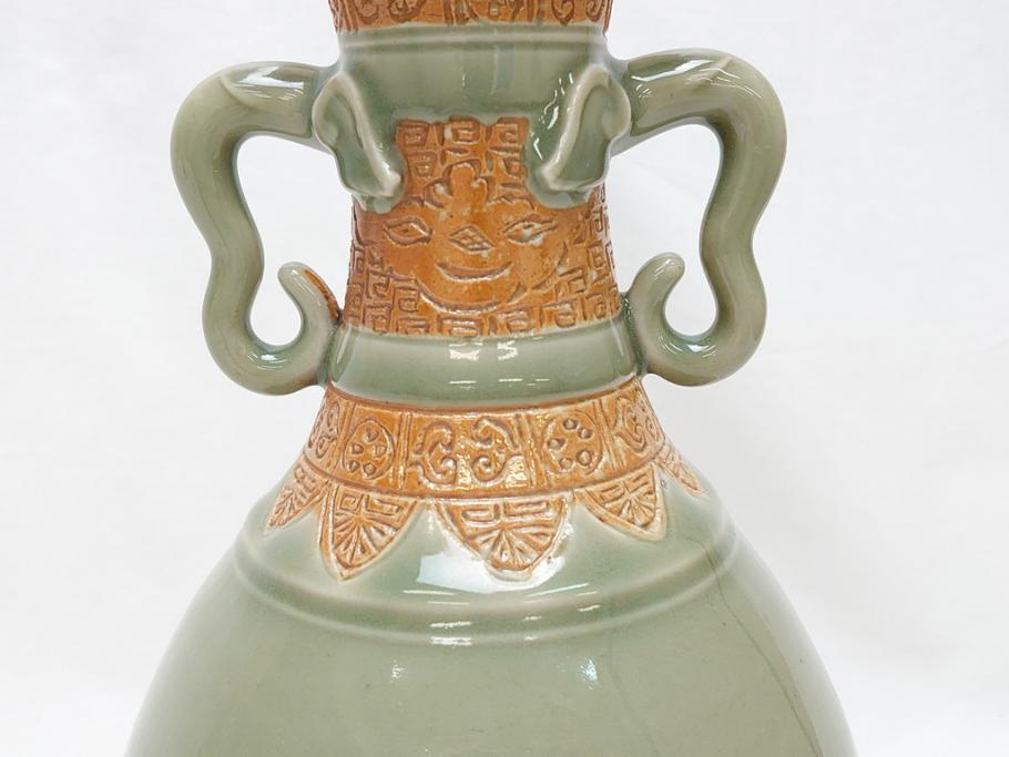 江戸〜明治 三田焼 青磁 双耳 高さ30.5cm 花瓶(花器、花入、壺