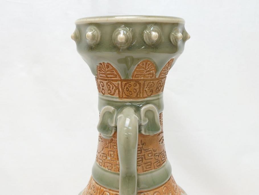 江戸〜明治　三田焼　青磁　双耳　高さ30.5cm　花瓶(花器、花入、壺、壷)(R-063314)