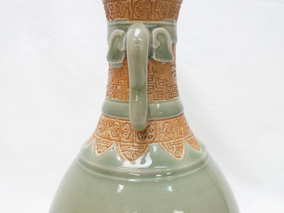 江戸〜明治 三田焼 青磁 双耳 高さ30.5cm 花瓶(花器、花入、壺