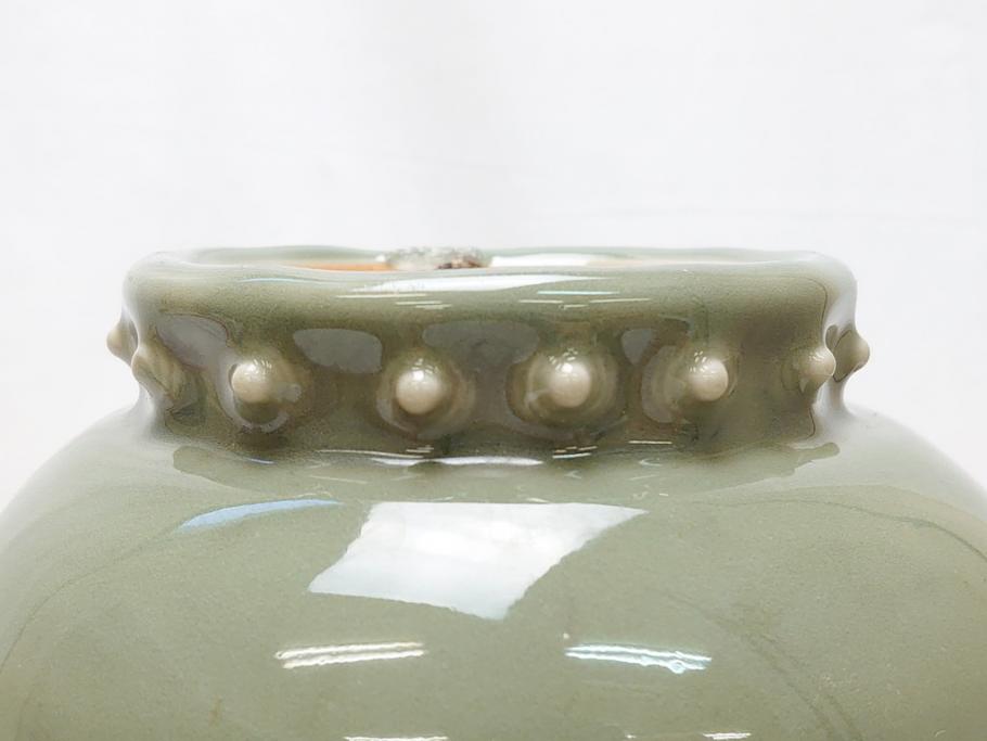 江戸〜明治　三田焼　青磁　双耳　高さ30.5cm　花瓶(花器、花入、壺、壷)(R-063314)