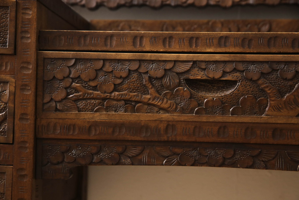 中古　軽井沢彫り　伝統工芸　咲き誇る桜の彫刻が美しいドレッサー(鏡台、ミラー)(R-067914)