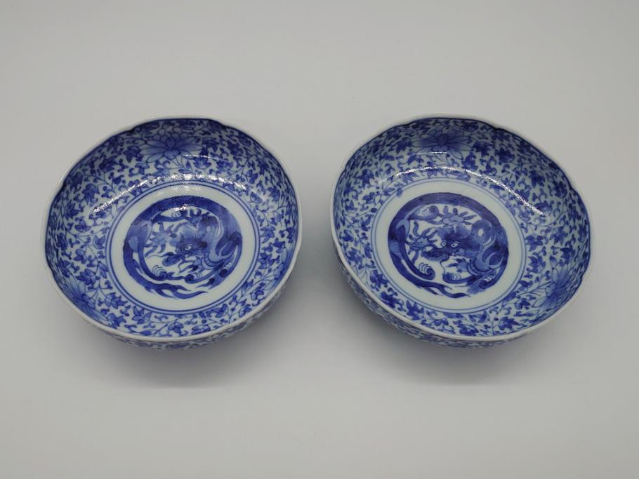 古伊万里 染付 龍 二重角福 唐草模様-