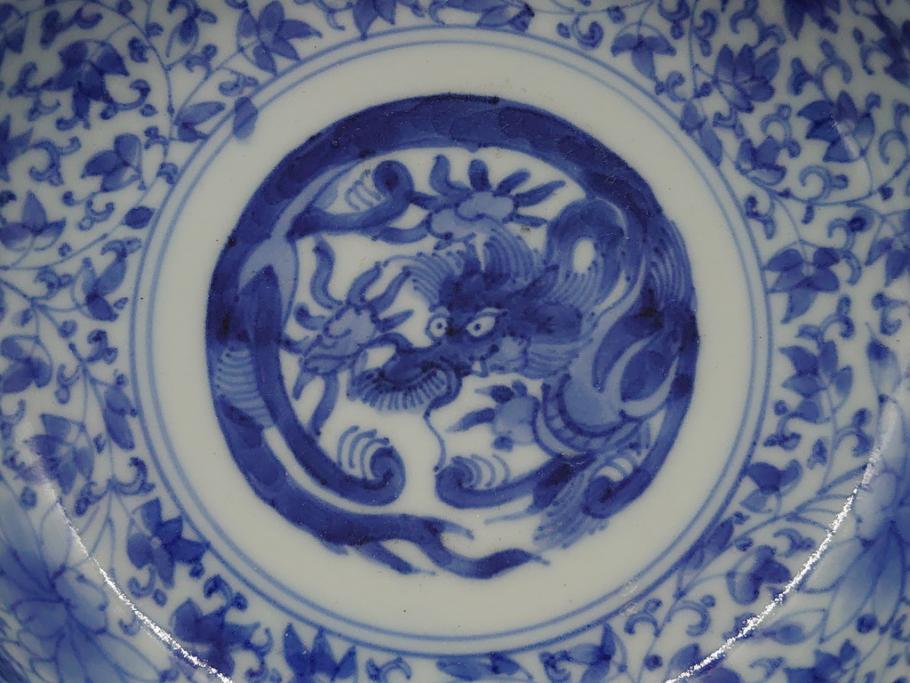 江戸期　古伊万里　染付　二重角福　花唐草龍文　繊細な絵柄に魅了されるなます皿2枚セット(渦福、ドラゴン、小皿、和食器)(R-061695)