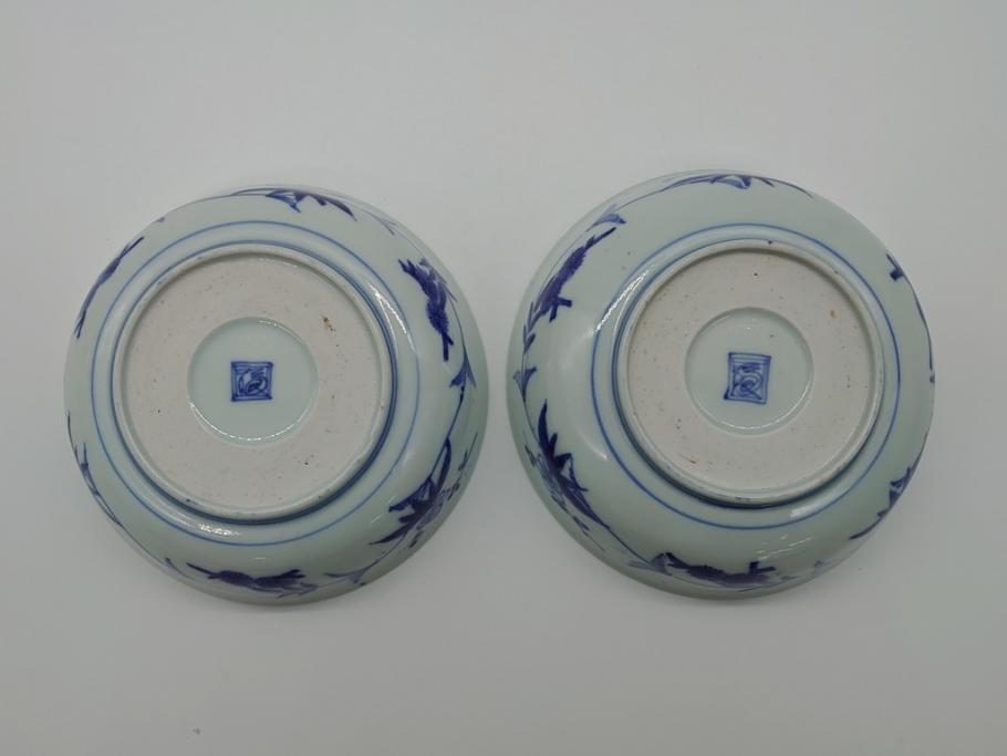 江戸期　古伊万里　染付　二重角福　花唐草文　繊細な絵柄に魅了される4.6寸なます皿2枚セット(渦福、牡丹、小皿、和食器)(R-061696)