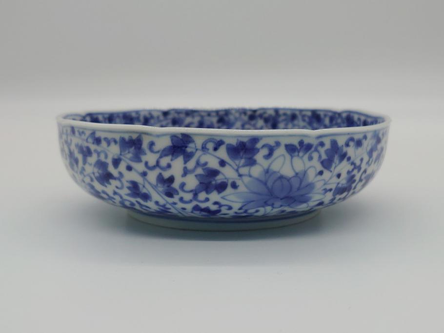 江戸期　古伊万里　染付　二重角福　花唐草龍文　4.6寸皿　約14　繊細な絵柄に魅了されるなます皿2枚セット(四寸六分、渦福、ドラゴン、小皿、和食器、和皿)(R-061697)