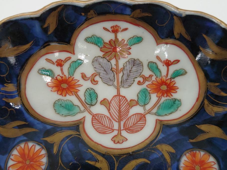 幕末期　上手物　金彩色絵染付　花盆文　8.3寸皿　約25cm　鮮やかな色彩が目を惹く楕円皿(八寸三分、和皿、和食器、皿)(R-061699)