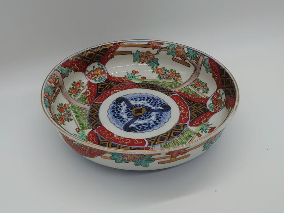 幕末期　上手物　金彩色絵　二重高台　7.6寸皿　約23cm　きらびやかに輝き美しい大鉢(七寸六分、和皿、皿、大皿、紅葉、小花、獅子、渦、和食器)(R-061700)