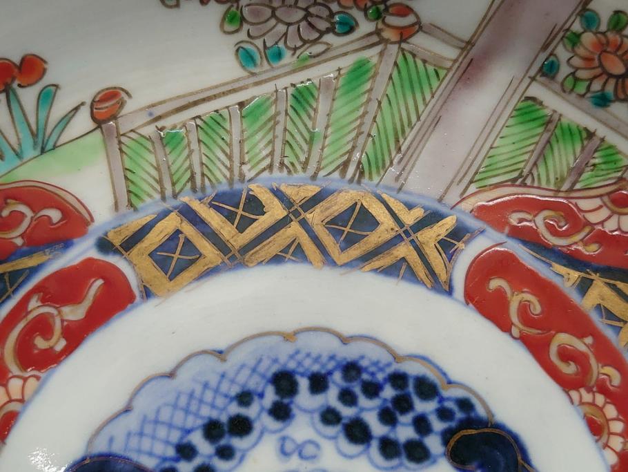 幕末期　上手物　金彩色絵　二重高台　7.6寸皿　約23cm　きらびやかに輝き美しい大鉢(七寸六分、和皿、皿、大皿、紅葉、小花、獅子、渦、和食器)(R-061700)