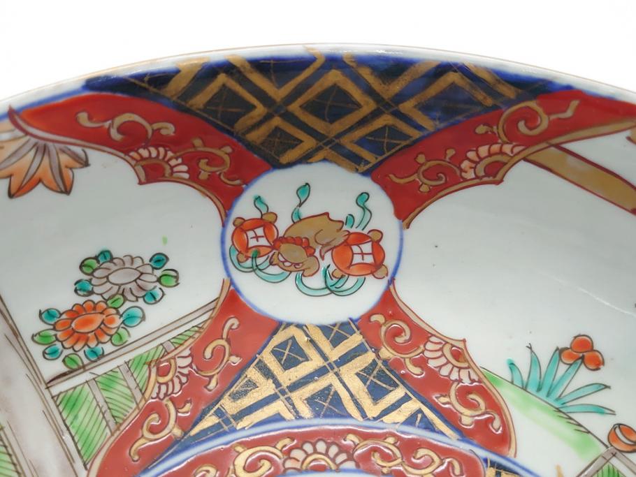 幕末期　上手物　金彩色絵　二重高台　8.3寸皿　約25cm　きらびやかに輝き美しい大鉢(八寸三分、和皿、皿、大皿、紅葉、小花、獅子、渦、和食器)(R-061701)