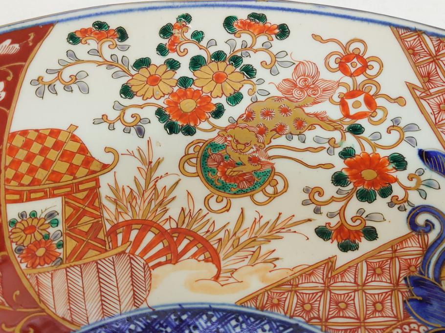 ◎古道具 庵々◎江戸期 古伊万里 色絵窓絵獅子鞠花鳥図 大皿