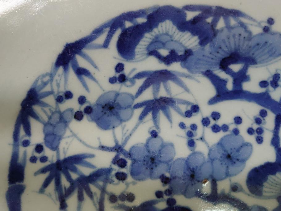 江戸期　大明成化年製　古伊万里　染付　花唐草　松竹梅文　1.2尺　約31cm　大皿(和皿、和食器、一尺二寸)(R-063944)