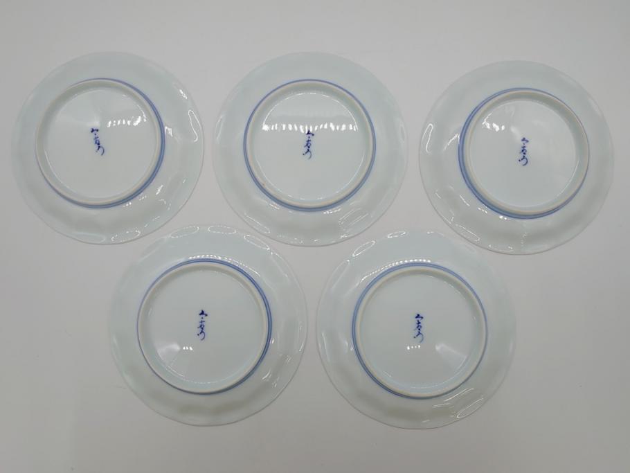 十三代　今泉今右衛門　重要無形文化財　5.5寸　錦菊絵果物皿5枚(共箱付き、五寸五分、和皿、和食器、色絵、色鍋島)(R-063949)