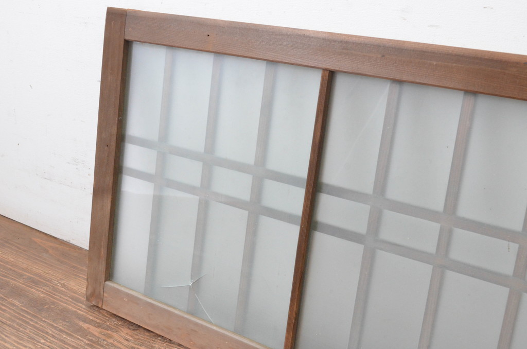 アンティーク建具　和の雰囲気溢れるガラス入り格子欄間2枚セット(明り取り、明かり取り)(R-065294)