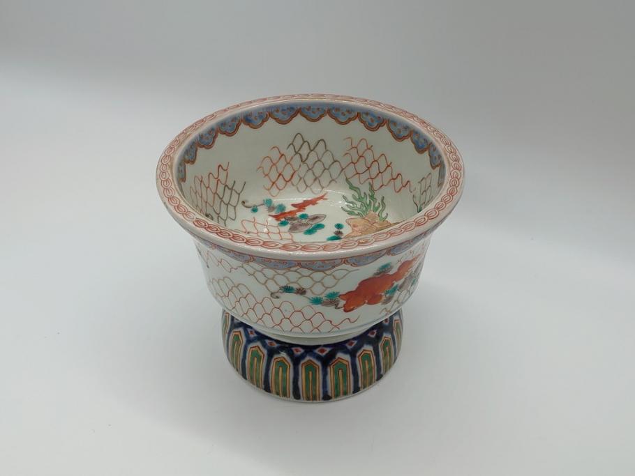 江戸期　伊万里　盃　色絵　杯洗(盃洗)　金彩　優雅に泳ぐ金魚が愛らしい高台皿(和食器、フルーツ皿)(R-061723)