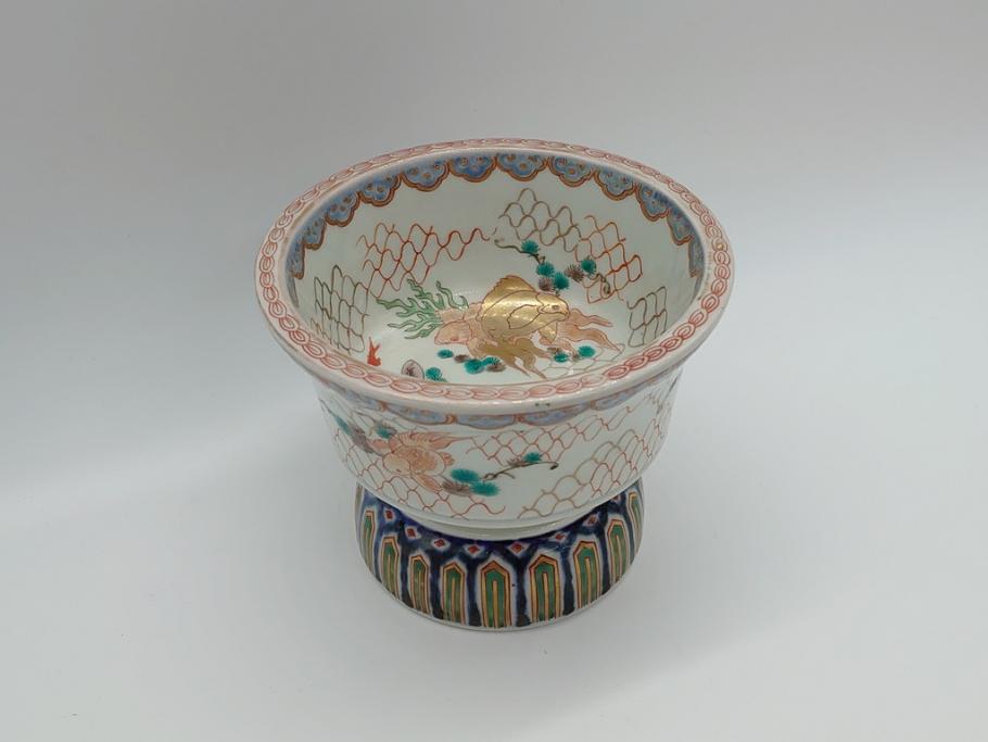 江戸期　伊万里　盃　色絵　杯洗(盃洗)　金彩　優雅に泳ぐ金魚が愛らしい高台皿(和食器、フルーツ皿)(R-061723)