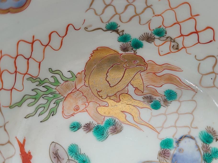 江戸期　伊万里　盃　色絵　杯洗(盃洗)　金彩　優雅に泳ぐ金魚が愛らしい高台皿(和食器、フルーツ皿)(R-061723)