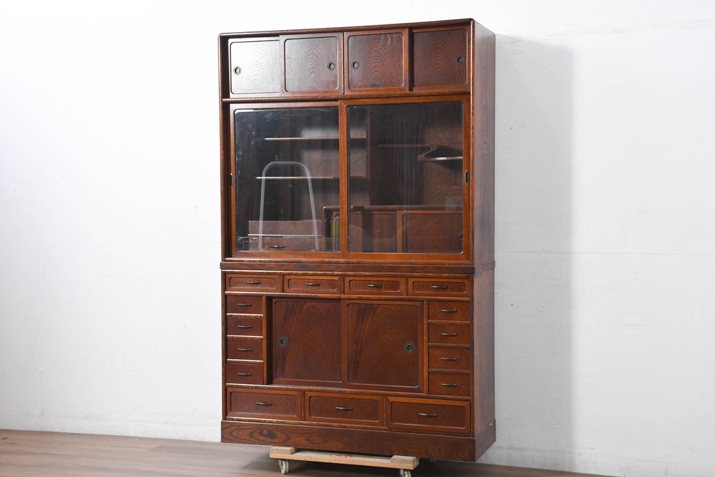 中古　国産　職人手作り　隠し収納付き　引き出しいっぱいの珍しい2段重ね茶箪笥(茶たんす、茶タンス、キャビネット、茶棚、飾り棚、収納棚、戸棚、店舗什器)(R-081146)