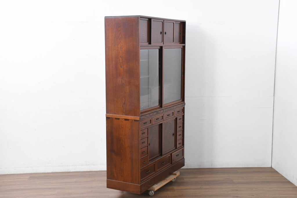 中古　国産　職人手作り　隠し収納付き　引き出しいっぱいの珍しい2段重ね茶箪笥(茶たんす、茶タンス、キャビネット、茶棚、飾り棚、収納棚、戸棚、店舗什器)(R-081146)